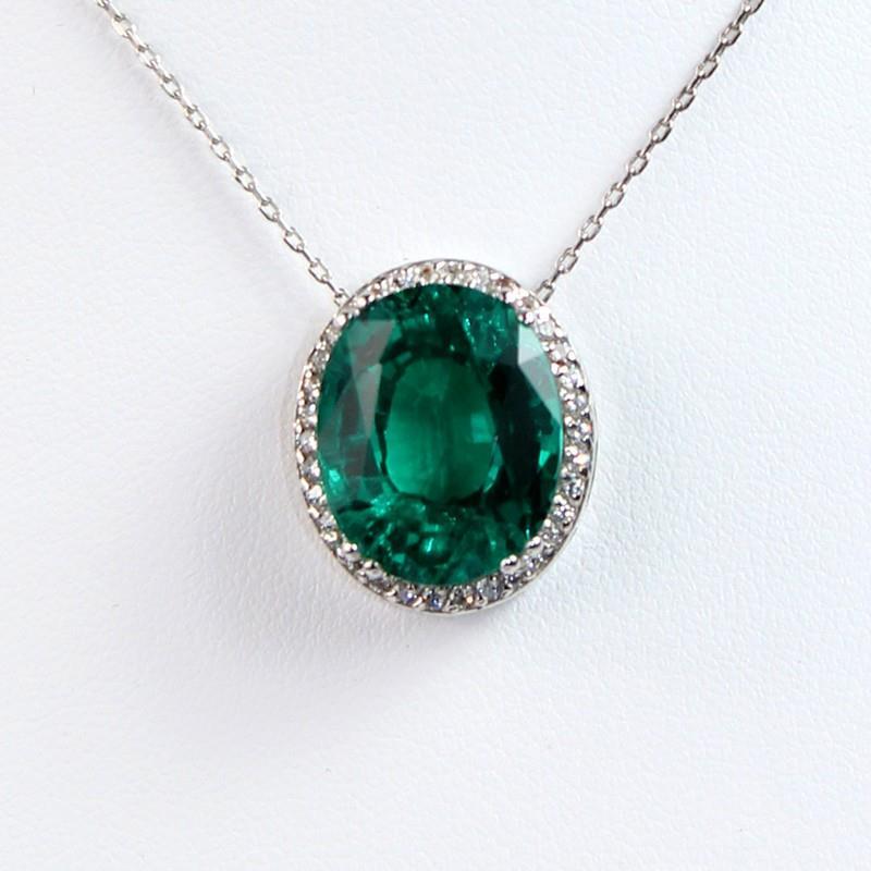 Green Emerald & Diamond Pendant Necklace 6.25 Carat White Gold 14K - Gemstone Pendant-harrychadent.ca