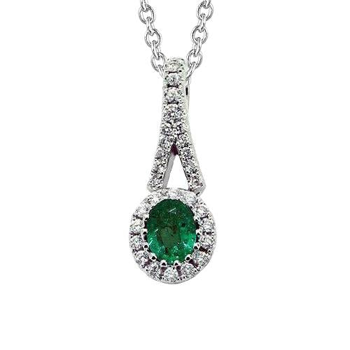Green Emerald & Oval Diamond Gemstone Pendant Necklace 5 Ct. WG 14K - Gemstone Pendant-harrychadent.ca