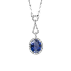Halo Blue Sapphire And Natural Earth Mined Diamonds Pendant Necklace 4 Carats Gold 14K