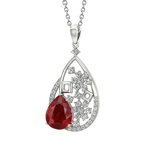 Ladies Pendant Necklace 3.50 Carats Ruby With Diamonds White Gold 14K - Gemstone Pendant-harrychadent.ca
