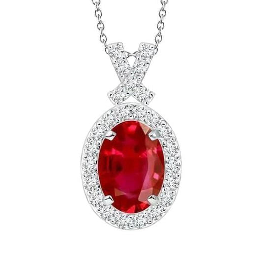 Ladies White Gold 14K Pendant Necklace 3.80 Carats Red Ruby Diamonds - Gemstone Pendant-harrychadent.ca