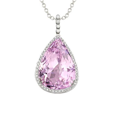 Natural Kunzite And Diamond Necklace Pendant White Gold 14K 24 Ct - Gemstone Pendant-harrychadent.ca