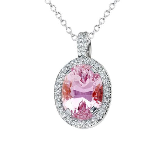 Natural Pink Kunzite Diamond Ladies Necklace Pendant 14K Gold 16 Ct. - Gemstone Pendant-harrychadent.ca