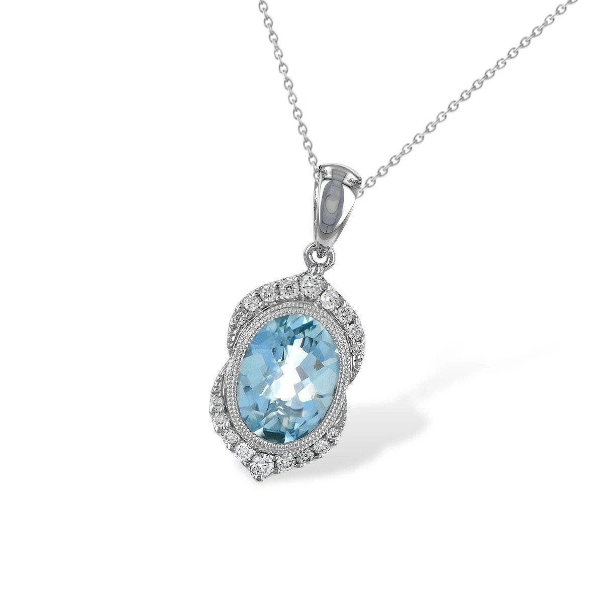 Oval Aquamarine & Round Diamond Pendant Necklace 8.30 Ct. WG 14K - Gemstone Pendant-harrychadent.ca