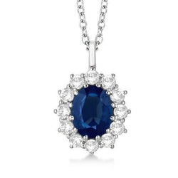 Oval Blue Sapphire With Natural Earth Mined Diamonds Pendant Necklace 2.70 Ct White Gold