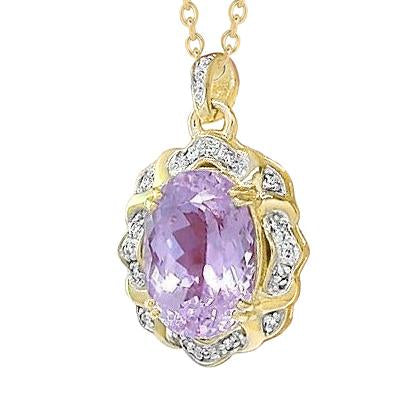 Oval Cut Pink Kunzite And Diamond Pendant 14.45 Carats Yellow Gold 14K - Gemstone Pendant-harrychadent.ca