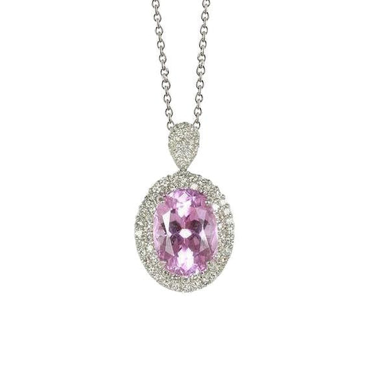 Oval Cut Pink Kunzite And Diamond Pendant 15.50 Carats White Gold 14K - Gemstone Pendant-harrychadent.ca