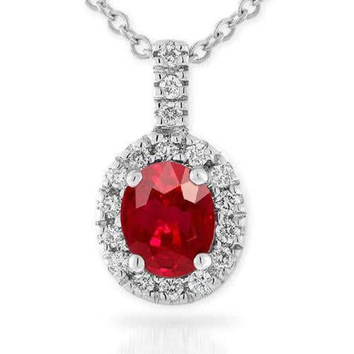 Oval Shape Red Ruby Gem 4.75 Carat Diamond Pendant White Gold 14K - Gemstone Pendant-harrychadent.ca