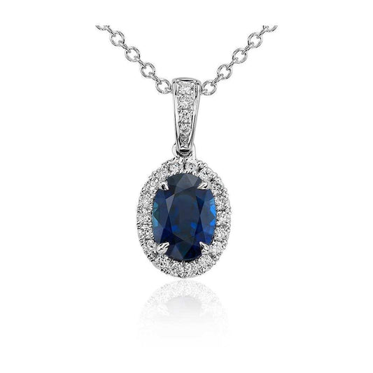 Oval Sri Lanka Sapphire Diamonds Pendant 4.70 Carats White Gold 14K - Gemstone Pendant-harrychadent.ca