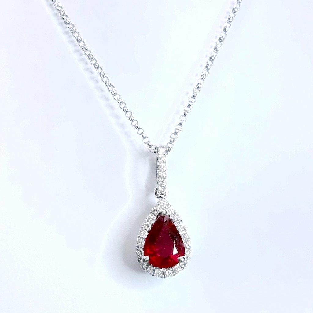 Pear Cut Ruby And Diamond Necklace Pendant 4 Carats White Gold 14K - Gemstone Pendant-harrychadent.ca