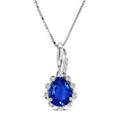 Pendant Necklace Ceylon Blue Sapphire Diamonds 2.10 Ct White Gold 14K