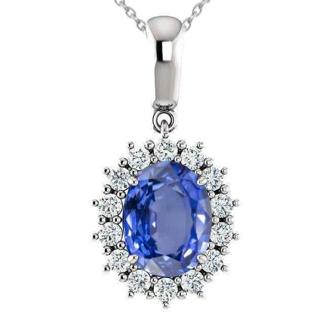 Pendant Necklace Ceylon Blue Sapphire With Diamonds 3.90 Carats WG 14K - Gemstone Pendant-harrychadent.ca