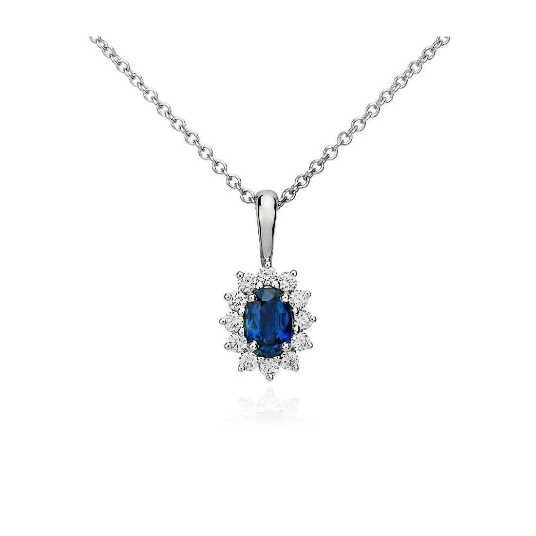 Pendant Necklace Ceylon Sapphire With Diamonds 3.20 Ct White Gold 14K - Gemstone Pendant-harrychadent.ca