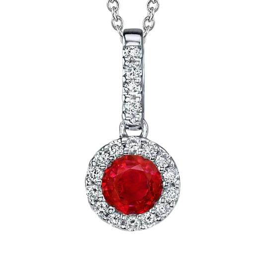 Pendant Necklace Round Cut 6.80 Ct. Ruby And Diamonds Gold White 14K - Gemstone Pendant-harrychadent.ca