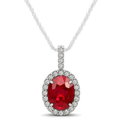 Pendant Necklace With Chain 4.50 Ct. Ruby And Natural Earth Mined Diamonds White Gold 14K