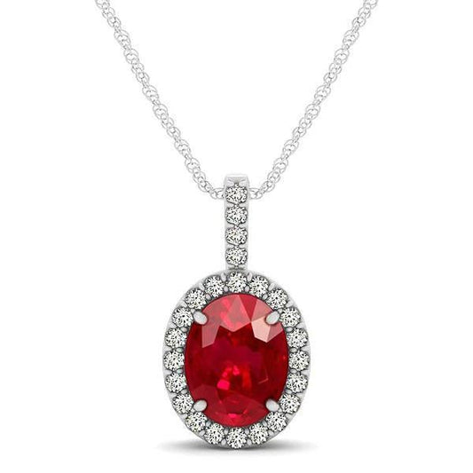 Pendant Necklace With Chain 4.50 Ct. Ruby And Diamonds White Gold 14K - Gemstone Pendant-harrychadent.ca