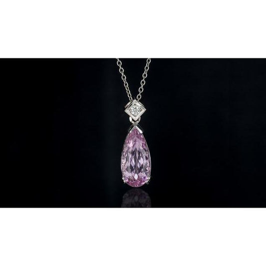 Pink Pear Cut Kunzite And Diamond Necklace Pendant 16.25 Carats New - Gemstone Pendant-harrychadent.ca