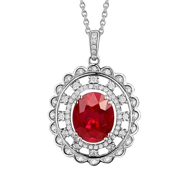 Prong Set Red Ruby And Diamonds 3 Ct Pendant With Chain White Gold - Gemstone Pendant-harrychadent.ca