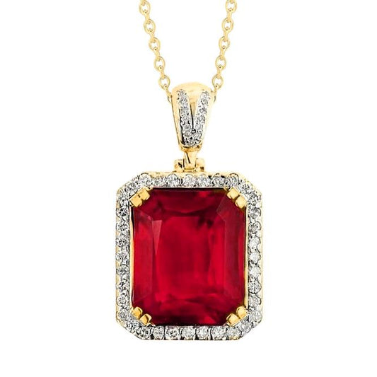 Red Ruby And Diamonds 14K Yellow Gold 8.70 Carats Pendant Necklace - Gemstone Pendant-harrychadent.ca