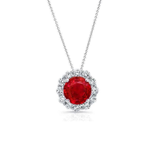 Red Ruby And Diamonds 4.75 Carats Pendant Necklace Gold White 14K - Gemstone Pendant-harrychadent.ca