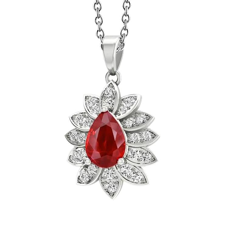 Red Ruby And Diamonds Lady Pendant Necklace 3.75 Carats WG 14K - Gemstone Pendant-harrychadent.ca