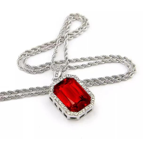 Red Ruby Emerald Cut & Round Diamond Pendant Necklace 7.35 Ct. WG 14K - Gemstone Pendant-harrychadent.ca