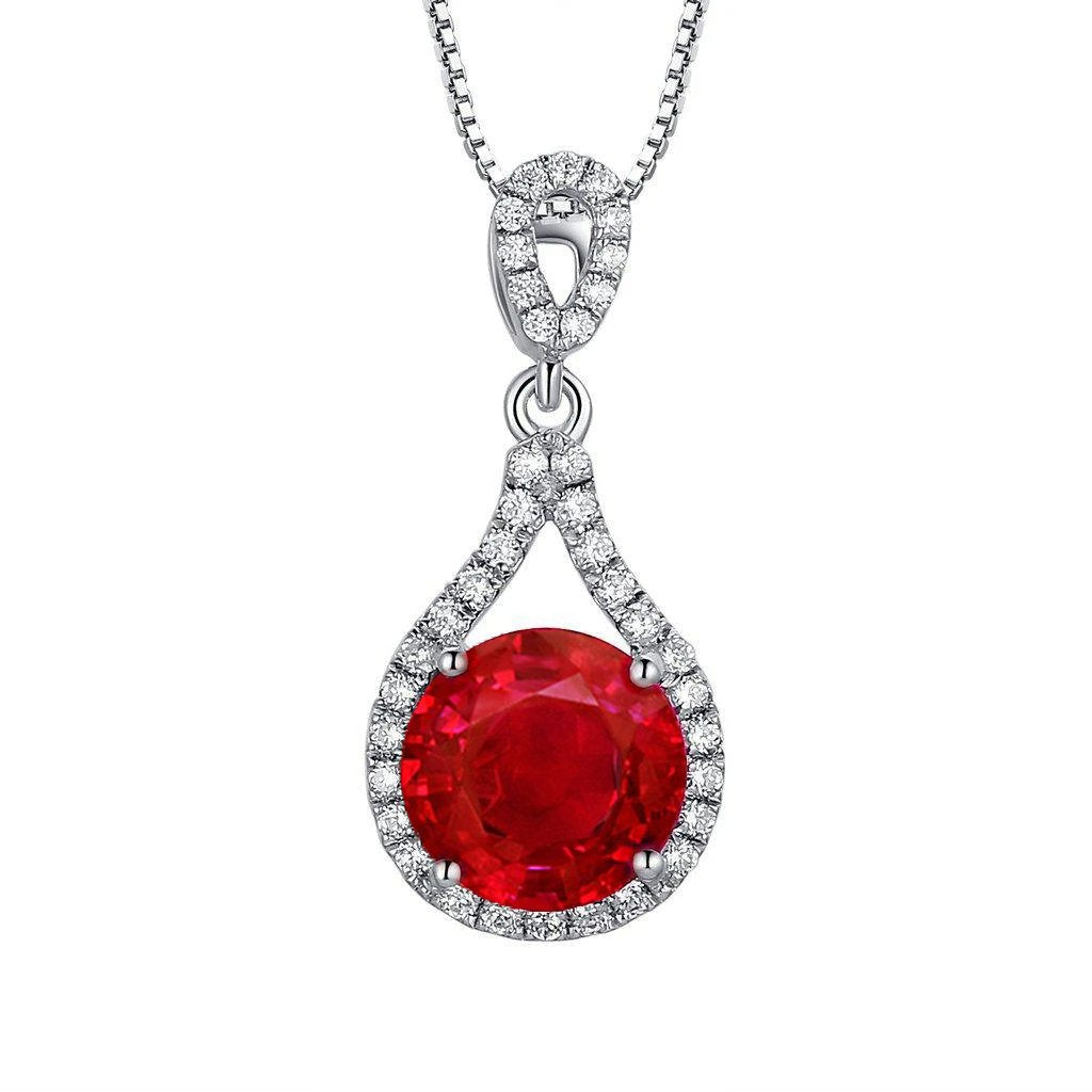 Red Ruby With Diamond Necklace Pendant 1.75 Carat White Gold 14K - Gemstone Pendant-harrychadent.ca