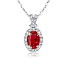 Red Ruby With Diamonds Pendant Necklace 6.75 Carats White Gold 14K