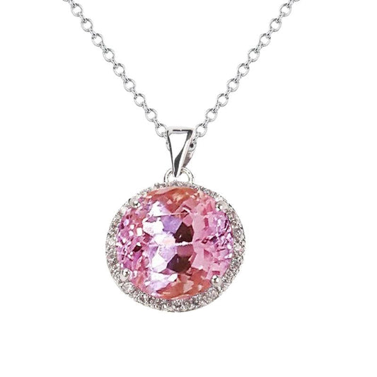 Round 36.25 Carats Pink Kunzite With Diamonds Pendant White Gold 14K - Gemstone Pendant-harrychadent.ca