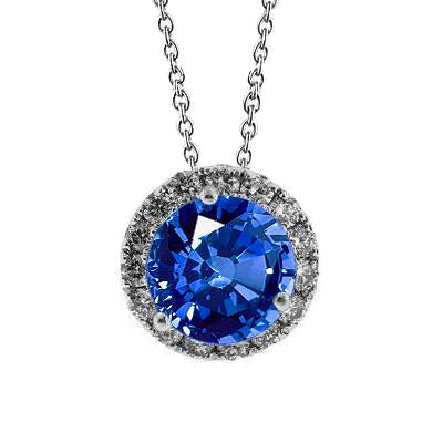 Round Ceylon Sapphire & Diamond Pendant Necklace 3.50 Carat WG 14K - Gemstone Pendant-harrychadent.ca