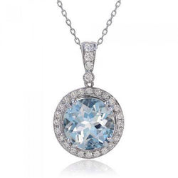Round Cut 12 Carats Aquamarine With Natural Earth Mined Diamonds Pendant White Gold 14K