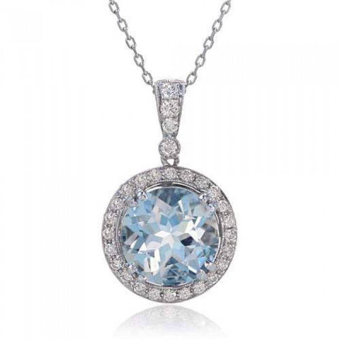 Round Cut 12 Carats Aquamarine With Diamonds Pendant White Gold 14K - Gemstone Pendant-harrychadent.ca