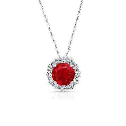 Round Cut Red Ruby Diamond Necklace Pendant 2.25 Carats White Gold 14K - Gemstone Pendant-harrychadent.ca