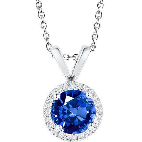 Round Sapphire Jewelry Diamond Halo Pendant Solid Gold 14K 2 Carats - Gemstone Pendant-harrychadent.ca