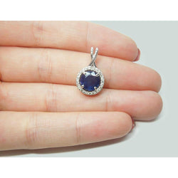Round Sri Lanka Sapphire Diamond Women Necklace Pendant 2.20 Ct.