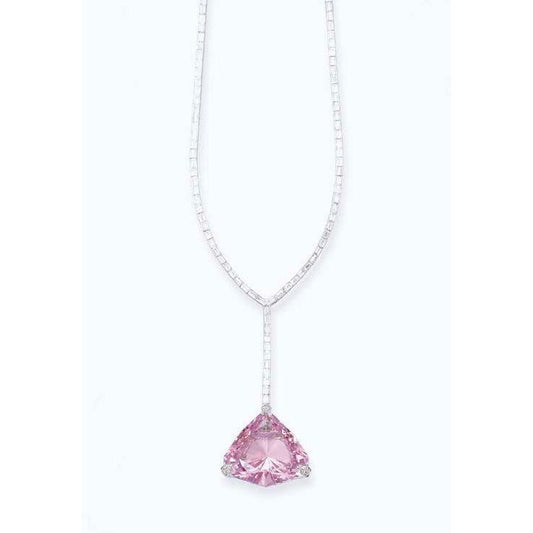 Trillion Cut Kunzite & Baguette Diamond Ladies Necklace Pendant 14 Ct. - Gemstone Pendant-harrychadent.ca