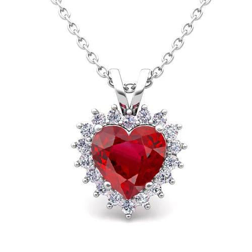 White Gold 14K Heart Ruby With Diamonds Pendant 5.50 Carats - Gemstone Pendant-harrychadent.ca