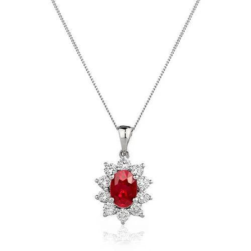 White Gold 14K Necklace 3 Carats Red Ruby Oval & Round Diamonds - Gemstone Pendant-harrychadent.ca