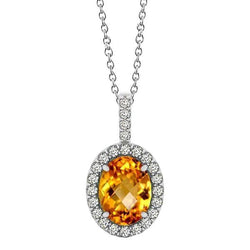 White Gold 15 Ct Citrine With Natural Earth Mined Diamonds Pendant Necklace With Chain