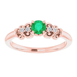 1.10 Carats Round Natural Earth Mined Diamonds And Green Emeralds Vintage Style Ring
