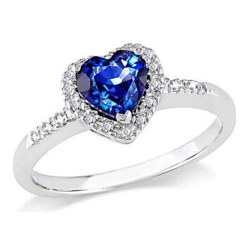 1.25 Ct Heart Cut Ceylon Blue Sapphire Round Diamond Ring Gold - Gemstone Ring-harrychadent.ca