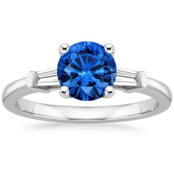 1.5 Ct Sri Lanka Sapphire And Baguette Natural Earth Mined Diamond 3 Stone Ring