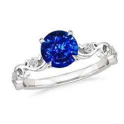 1.60 Ct Blue Round Sapphire And Natural Earth Mined Diamond Ring