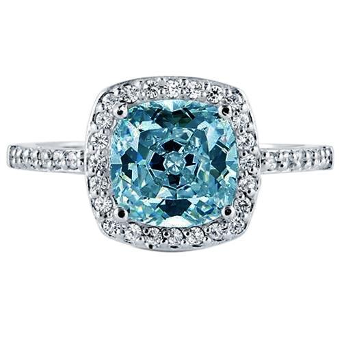 1.91 Carats Blue Cushion Halo Center Gemstone Ring White Gold 14K - Gemstone Ring-harrychadent.ca