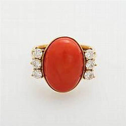 10.25 Carats Big Red Coral With Natural Earth Mined Diamonds Ring New Yellow Gold 14K