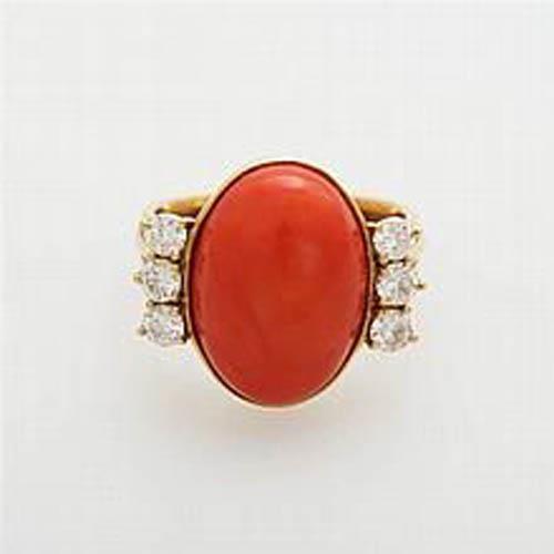 10.25 Carats Big Red Coral With Diamonds Ring New Yellow Gold 14K - Gemstone Ring-harrychadent.ca