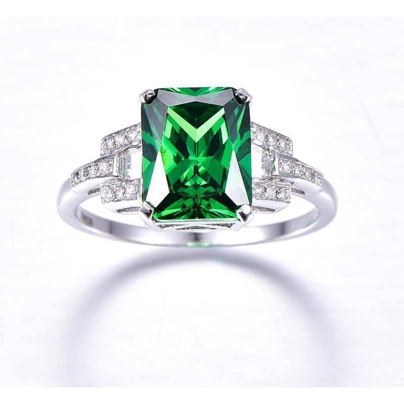 10.70 Carats Prong Set Green Emerald And Diamonds Ring WG 14K - Gemstone Ring-harrychadent.ca