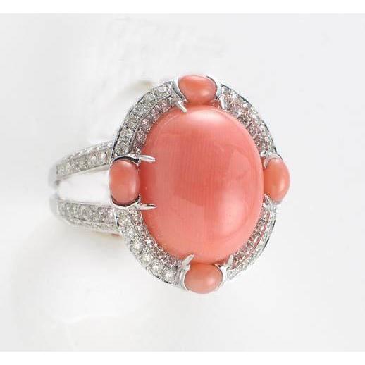 10 Ct Natural Coral And Diamonds Engagement Ring White Gold 14K - Gemstone Ring-harrychadent.ca