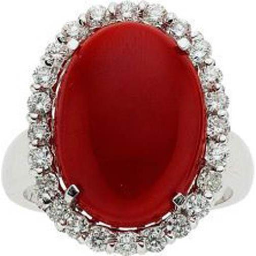 11.25 Ct Prong Set Red Coral With Diamonds Ring 14K White Gold - Gemstone Ring-harrychadent.ca
