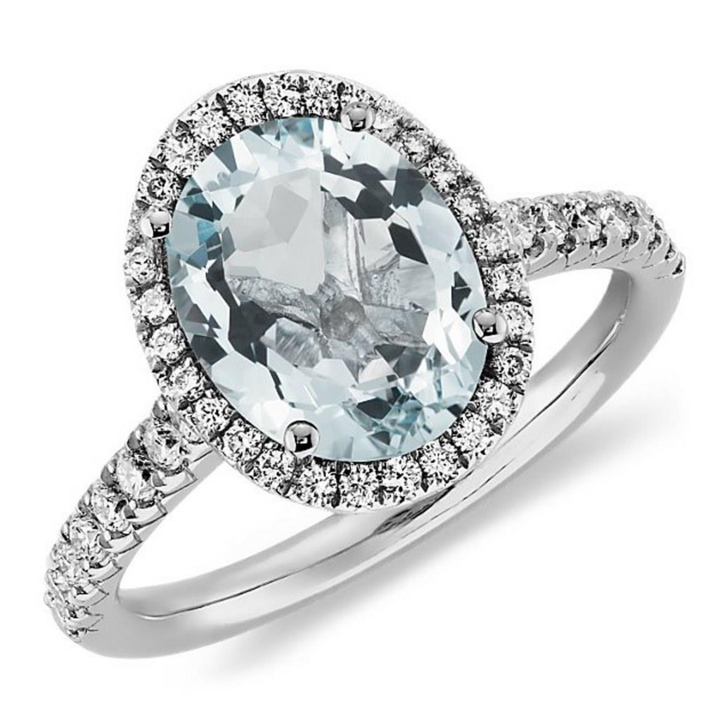 11.70 Ct Oval Aquamarine And Round Diamonds Ring 14K White Gold - Gemstone Ring-harrychadent.ca